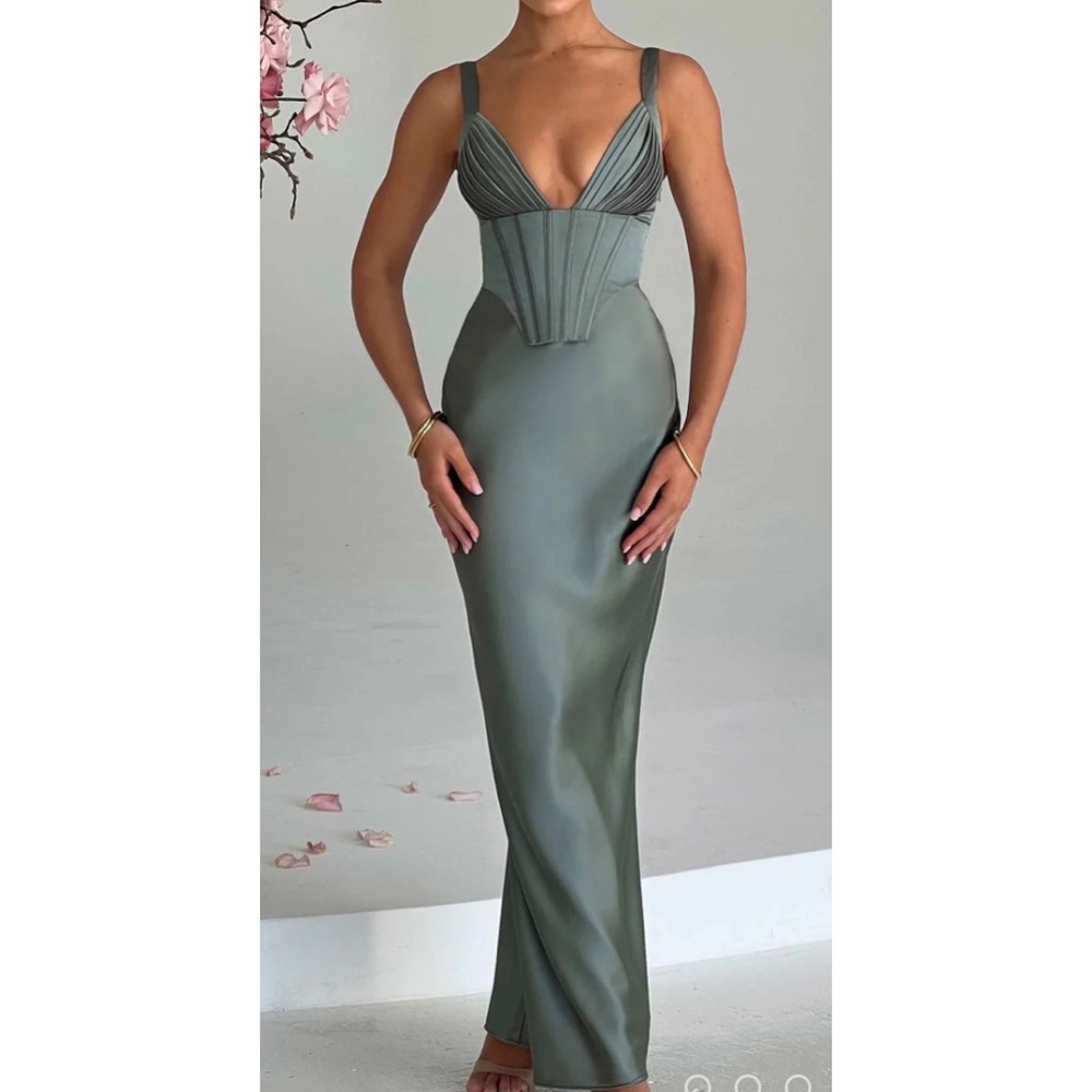 Formal satin Olive Green Maxi Corset Dress
